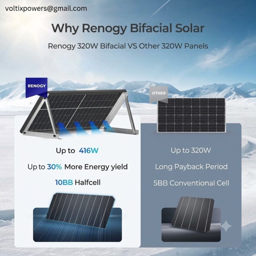 An informational graphic titled "Why Renogy Bifacial Solar" comparing Renogy 320W Bifacial panels to other 320W panels, set against a snowy mountain background. On the left, a Renogy bifacial panel is shown generating up to 416W with 30% more energy yield using 10BB Halfcell technology. On the right, a conventional panel is shown with up to 320W, a long payback period, and 5BB Conventional Cell technology. The email address "voltixpowers@gmail.com" is added in the upper left corner.