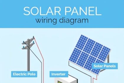 An illustrated solar panel wiring diagram showing how a residential solar power system is connected. The diagram includes solar panels linked to an inverter, a battery storage unit, an electric utility pole (grid), and a house. Red and black wires represent the electrical connections between each component. The title at the top reads "SOLAR PANEL wiring diagram," and the email address voltixpowers@gmail.com appears at the bottom right.