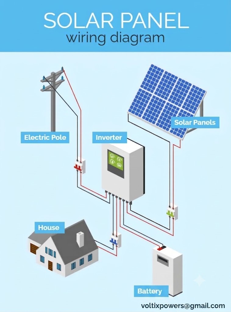 An illustrated solar panel wiring diagram showing how a residential solar power system is connected. The diagram includes solar panels linked to an inverter, a battery storage unit, an electric utility pole (grid), and a house. Red and black wires represent the electrical connections between each component. The title at the top reads "SOLAR PANEL wiring diagram," and the email address voltixpowers@gmail.com appears at the bottom right.