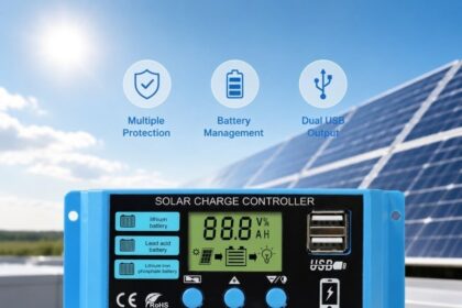 A bright blue Solar Charge Controller displayed outdoors with solar panels and a sunny sky in the background. The device features an LCD screen showing "88.8 V% AH", two USB ports, three selection buttons, and labels for Lithium, Lead-acid, and Lithium iron phosphate batteries. Icons at the top highlight "Multiple Protection", "Battery Management", and "Dual USB Output". Email text "voltixpowers@gmail.com" is visible at the bottom left.