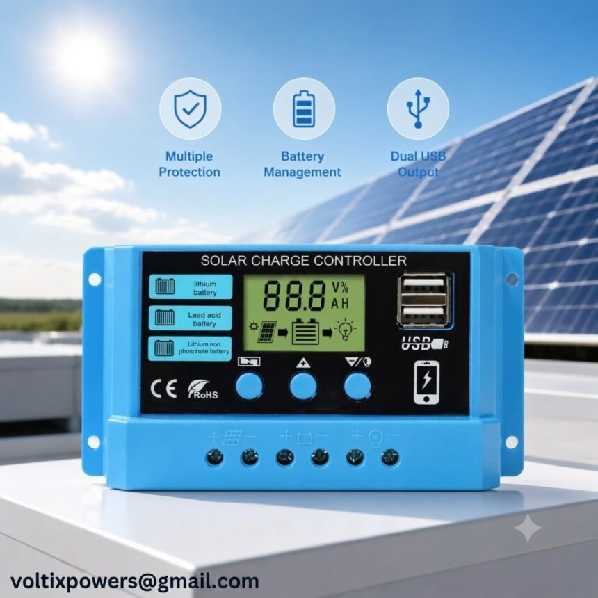 A bright blue Solar Charge Controller displayed outdoors with solar panels and a sunny sky in the background. The device features an LCD screen showing "88.8 V% AH", two USB ports, three selection buttons, and labels for Lithium, Lead-acid, and Lithium iron phosphate batteries. Icons at the top highlight "Multiple Protection", "Battery Management", and "Dual USB Output". Email text "voltixpowers@gmail.com" is visible at the bottom left.