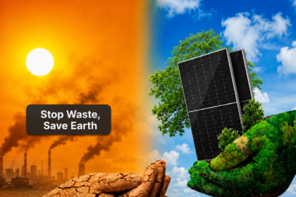 A split-screen image showing two contrasting environmental futures. The left side depicts global warming with a harsh orange sky, a burning sun, smoking factory chimneys, cracked dry earth, and a hand made of dried mud with the text 'Stop Waste, Save Earth'. The right side depicts a sustainable future with a bright blue sky, a lush green field, a hand covered in green moss holding solar panels next to a tree, and the text 'Use Solar, Save Future