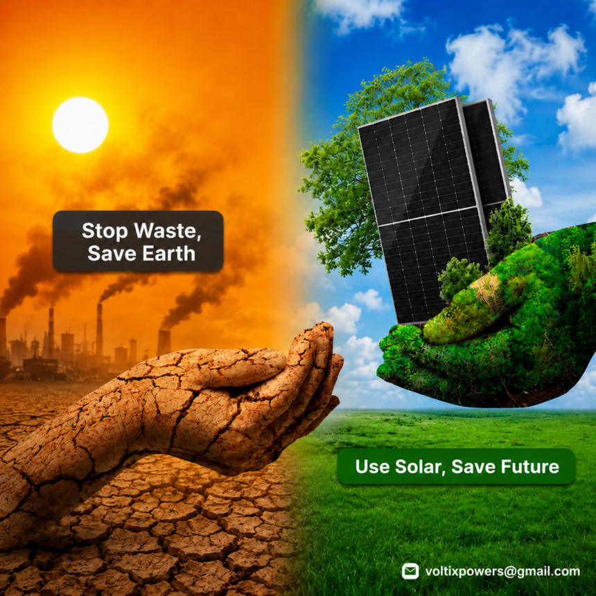 A split-screen image showing two contrasting environmental futures. The left side depicts global warming with a harsh orange sky, a burning sun, smoking factory chimneys, cracked dry earth, and a hand made of dried mud with the text 'Stop Waste, Save Earth'. The right side depicts a sustainable future with a bright blue sky, a lush green field, a hand covered in green moss holding solar panels next to a tree, and the text 'Use Solar, Save Future