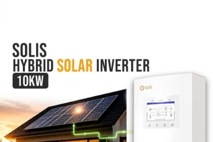 A promotional image featuring a large white Solis Hybrid Solar Inverter (10KW) with a digital display screen on the right. On the left, large text reads "SOLIS HYBRID SOLAR INVERTER 10KW". Below the text, there is an image of a modern house at sunset with solar panels installed on its roof, connected to the inverter via a glowing green graphic line. The email address "voltixpowers@gmail.com" is printed in the bottom right corner against a clean white background.