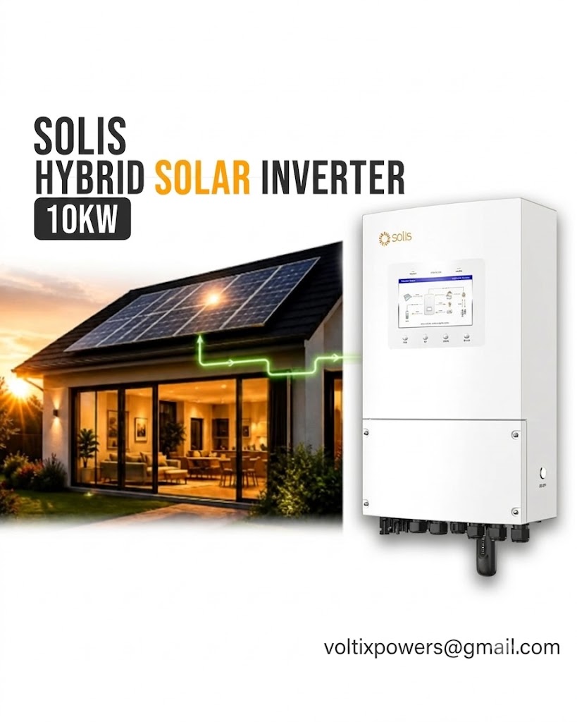 A promotional image featuring a large white Solis Hybrid Solar Inverter (10KW) with a digital display screen on the right. On the left, large text reads "SOLIS HYBRID SOLAR INVERTER 10KW". Below the text, there is an image of a modern house at sunset with solar panels installed on its roof, connected to the inverter via a glowing green graphic line. The email address "voltixpowers@gmail.com" is printed in the bottom right corner against a clean white background.