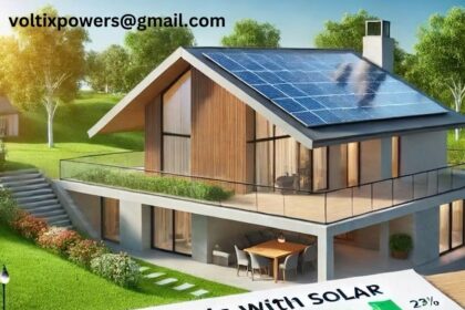 A modern two-story house with solar panels installed across the sloped roof, surrounded by lush green trees and a landscaped lawn. In the foreground, a chart titled "Lower Bills With Solar" illustrates rising electricity rates alongside increasing savings from solar energy using green bars and a trend line. The email address voltixpowers@gmail.com is displayed in the top-left corner of the image, emphasizing clean energy and reduced electricity costs.