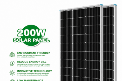 Promotional image of a 200W solar panel system showing a large black solar panel on the right side and green text on the left. The text highlights benefits including environment friendly energy, reduced electricity bills, innovative technology, low maintenance, and infinite energy. The design includes a clean white background and a contact email ‘voltixpowers@gmail.com’ at the bottom