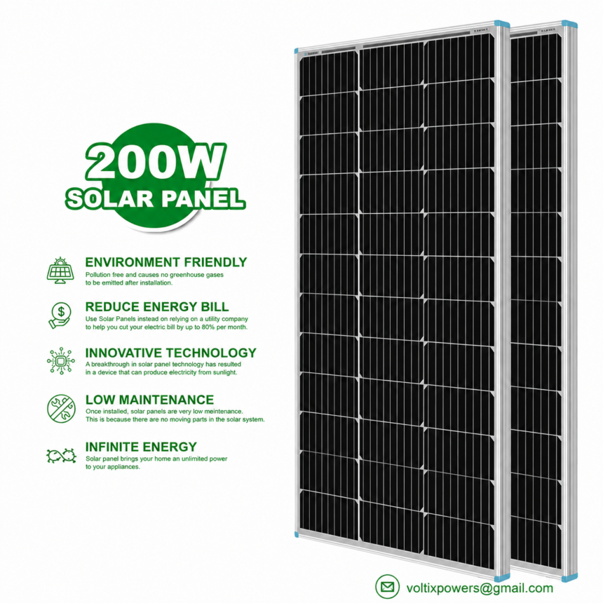 Promotional image of a 200W solar panel system showing a large black solar panel on the right side and green text on the left. The text highlights benefits including environment friendly energy, reduced electricity bills, innovative technology, low maintenance, and infinite energy. The design includes a clean white background and a contact email ‘voltixpowers@gmail.com’ at the bottom