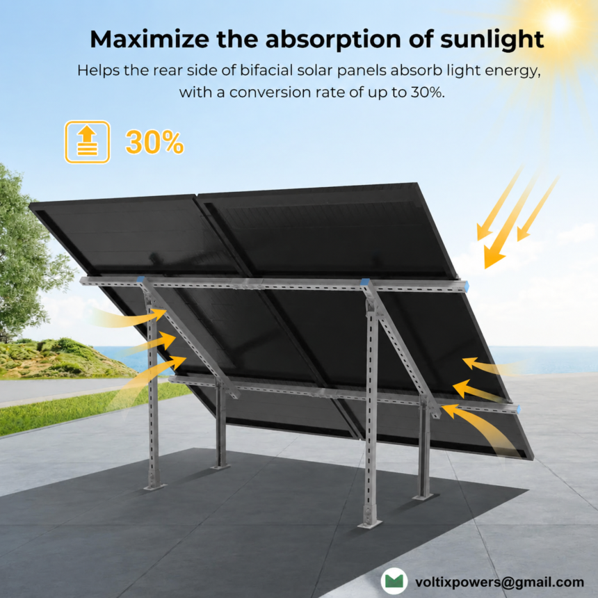 An infographic image showing the rear view of bifacial solar panels mounted on a metal structure outdoors. The top text reads "Maximize the absorption of sunlight" followed by "Helps the rear side of bifacial solar panels absorb light energy, with a conversion rate of up to 30%." There is a "30%" icon on the top left, and yellow arrows indicate sunlight hitting the front and bouncing into the rear side of the panels. The bottom right features the email address "voltixpowers@gmail.com" with a green logo.