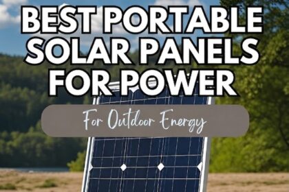 A vertical poster featuring a portable solar panel set up on a sandy terrain under a bright sky. The text at the top reads 'BEST PORTABLE SOLAR PANELS FOR POWER' in a bold, white font with black outlines, followed by 'For Outdoor Energy' in a cursive white font inside a gray rounded banner. In the bottom-left corner, the email address 'voltixpowers@gmail.com' is written in a simple white font