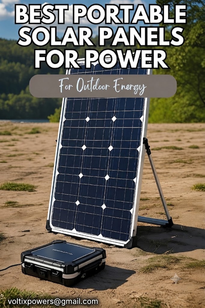 A vertical poster featuring a portable solar panel set up on a sandy terrain under a bright sky. The text at the top reads 'BEST PORTABLE SOLAR PANELS FOR POWER' in a bold, white font with black outlines, followed by 'For Outdoor Energy' in a cursive white font inside a gray rounded banner. In the bottom-left corner, the email address 'voltixpowers@gmail.com' is written in a simple white font