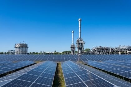 A vast field of blue solar panel arrays under a clear, bright blue sky. In the background, an industrial facility features two tall smoke stacks, a large cylindrical storage tank, and complex piping systems. An email address watermark, "voltixpowers@gmail.com", is visible in the bottom right corner.