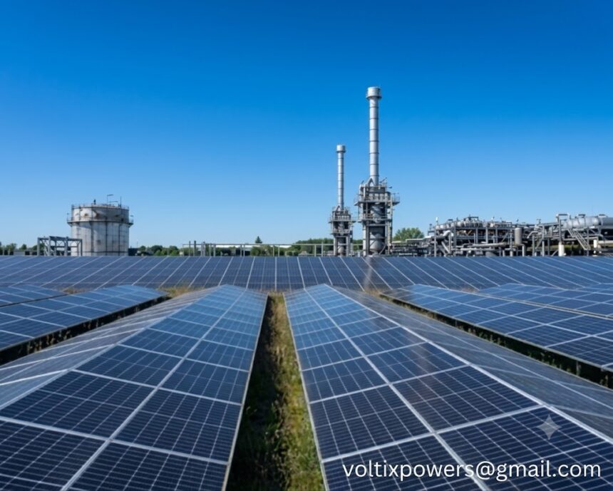 A vast field of blue solar panel arrays under a clear, bright blue sky. In the background, an industrial facility features two tall smoke stacks, a large cylindrical storage tank, and complex piping systems. An email address watermark, "voltixpowers@gmail.com", is visible in the bottom right corner.