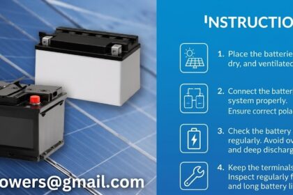 An educational graphic about solar battery care, split into two sections. The left side features a background of blue solar panels with two types of car-style batteries placed on them—a black one in the foreground and a white and black one behind it. The email address 'voltixpowers@gmail.com' is written in bold white text in the bottom left corner. The right side has a solid blue background titled 'INSTRUCTIONS' and lists four numbered safety rules with corresponding white line icons regarding proper storage, correct solar system connection, regular charge level checks, and terminal maintenance.