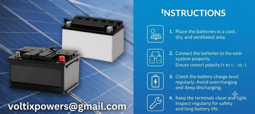 An educational graphic about solar battery care, split into two sections. The left side features a background of blue solar panels with two types of car-style batteries placed on them—a black one in the foreground and a white and black one behind it. The email address 'voltixpowers@gmail.com' is written in bold white text in the bottom left corner. The right side has a solid blue background titled 'INSTRUCTIONS' and lists four numbered safety rules with corresponding white line icons regarding proper storage, correct solar system connection, regular charge level checks, and terminal maintenance.