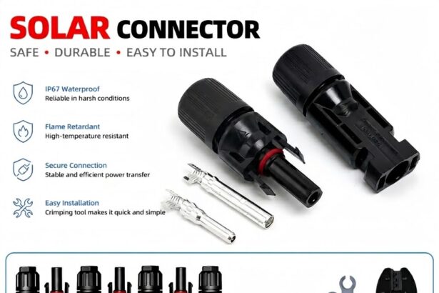 A promotional image showcasing black solar MC4 connectors and metal crimp terminals for solar power systems on a white background. The headline reads "SOLAR CONNECTOR – SAFE • DURABLE • EASY TO INSTALL." On the left, icons highlight key features including IP67 waterproof protection, flame retardant material, secure power connection, and easy installation. The center displays a pair of male and female MC4 connectors with metal terminals. The bottom section shows multiple connector components, additional crimp terminals, two blue connector spanners, and a red-and-blue handled crimping tool. The email address voltixpowers@gmail.com appears in the bottom-right corner.