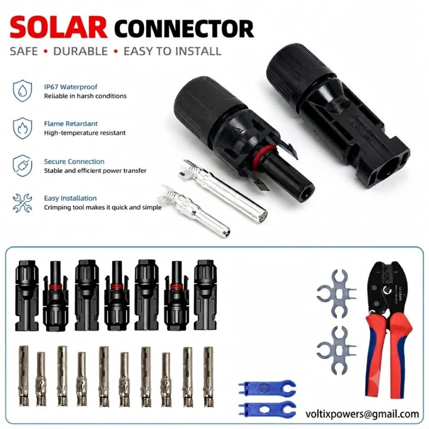 A promotional image showcasing black solar MC4 connectors and metal crimp terminals for solar power systems on a white background. The headline reads "SOLAR CONNECTOR – SAFE • DURABLE • EASY TO INSTALL." On the left, icons highlight key features including IP67 waterproof protection, flame retardant material, secure power connection, and easy installation. The center displays a pair of male and female MC4 connectors with metal terminals. The bottom section shows multiple connector components, additional crimp terminals, two blue connector spanners, and a red-and-blue handled crimping tool. The email address voltixpowers@gmail.com appears in the bottom-right corner.