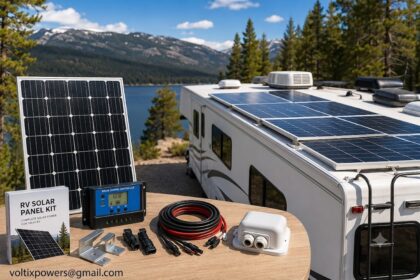Ek modern image ek RV Solar Panel Kit ka display dikhate hue ek lakdi ki table par, jiske peeche ek RV aur ek pahadi jheel ka background hai. Table par ek rigid solar panel, ek Solar Charge Controller digital display ke saath, coiled cables, mounting brackets, cable glands, connectors aur ek "RV SOLAR PANEL KIT" booklet rakhi hui hain. Background mein ek white class C motorhome (RV) parking area mein park ki hui hai jiske roof par solar panels lage hue hain, aur peeche ek neeli pahadi jheel aur coniferous jungle se ghiri hui hain aur aasman saaf hai. Image ke bottom-left corner mein "voltixpowers@gmail.com" email address likha hua hai.