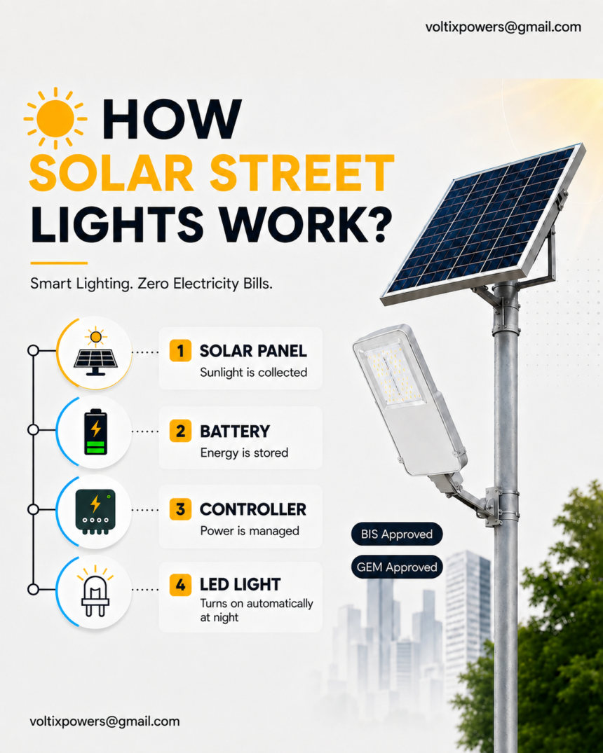 **Alt Text:** Infographic explaining how solar street lights work. A large solar panel and LED street light are shown on the right against a modern city skyline. The left side outlines the four-step process: **1) Solar Panel – Sunlight is collected, 2) Battery – Energy is stored, 3) Controller – Power is managed, and 4) LED Light – Turns on automatically at night.** The headline reads **"How Solar Street Lights Work?"** with the tagline **"Smart Lighting. Zero Electricity Bills."** "BIS Approved" and "GEM Approved" badges are displayed, and the email address **[voltixpowers@gmail.com](mailto:voltixpowers@gmail.com)** appears at the top-right and bottom-left corners.