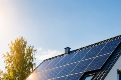 Modern white house with a large rooftop solar panel system under a clear blue sky during golden hour. The front yard features a green lawn, landscaped plants, and a paved walkway. The bottom-left corner displays the email address "voltixpowers@gmail.com" in white text.
