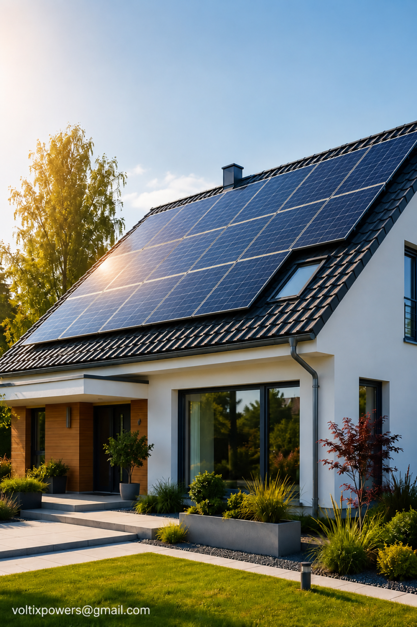Modern white house with a large rooftop solar panel system under a clear blue sky during golden hour. The front yard features a green lawn, landscaped plants, and a paved walkway. The bottom-left corner displays the email address "voltixpowers@gmail.com" in white text.