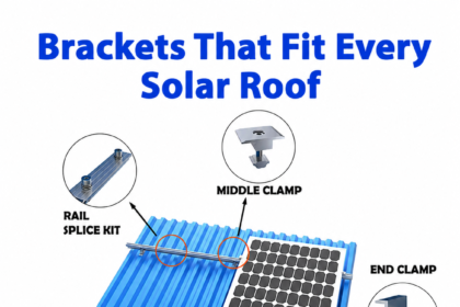 **Alt Text:** An infographic titled **"Brackets That Fit Every Solar Roof"** illustrates a solar panel mounted on a blue corrugated metal roof using different mounting hardware. Labeled callouts identify key components including **Rail Splice Kit, Middle Clamp, End Clamp, Rail,** and **L Foot**, each shown with a close-up image connected to the installation diagram by arrows. Orange circles highlight the mounting points on the roof and panel. The design features a clean white background with bold blue and black text. At the **bottom right**, the contact email **"[voltixpowers@gmail.com](mailto:voltixpowers@gmail.com)"** is displayed.