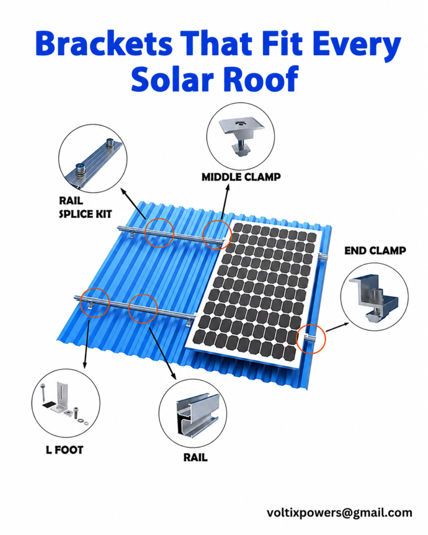 **Alt Text:** An infographic titled **"Brackets That Fit Every Solar Roof"** illustrates a solar panel mounted on a blue corrugated metal roof using different mounting hardware. Labeled callouts identify key components including **Rail Splice Kit, Middle Clamp, End Clamp, Rail,** and **L Foot**, each shown with a close-up image connected to the installation diagram by arrows. Orange circles highlight the mounting points on the roof and panel. The design features a clean white background with bold blue and black text. At the **bottom right**, the contact email **"[voltixpowers@gmail.com](mailto:voltixpowers@gmail.com)"** is displayed.