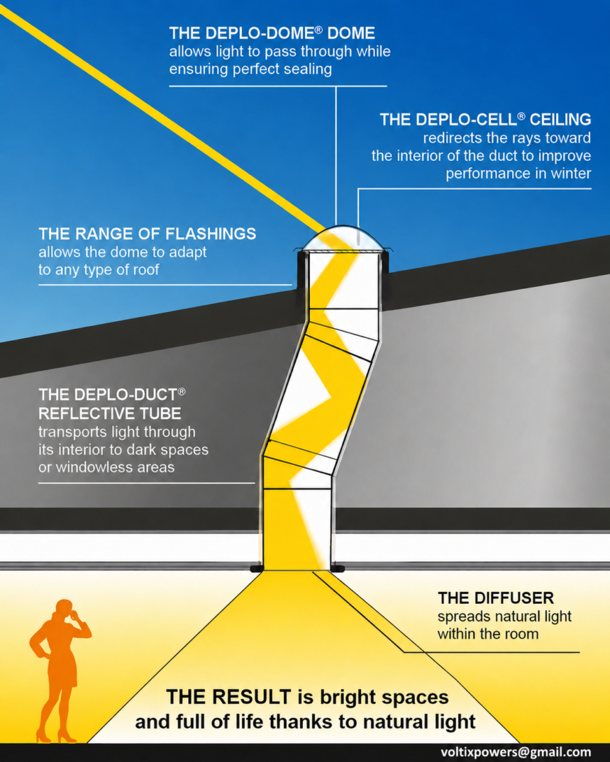 Illustration of a solar tube daylighting system installed through a sloped roof, showing sunlight entering a clear dome, traveling through a reflective tube, and spreading into a room through a diffuser. The diagram labels the dome, ceiling, flashing, reflective tube, and diffuser, explaining how each component improves natural lighting. At the bottom right, the contact email **[voltixpowers@gmail.com](mailto:voltixpowers@gmail.com)** is displayed.