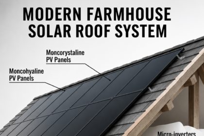 **Alt Text:** A detailed infographic titled **"Modern Farmhouse Solar Roof System"** shows a cutaway view of a sloped farmhouse roof equipped with large black **monocrystalline PV panels**. The illustration reveals the internal roof structure, including **micro-inverters**, **wiring conduit**, insulation, and a **battery storage unit** connected by glowing blue electrical cables. Labels point to the main system components, explaining how power flows from the solar panels to the battery. The design features a clean white background with realistic architectural details, and the contact email **"[voltixpowers@gmail.com](mailto:voltixpowers@gmail.com)"** appears at the **bottom left** in white text.