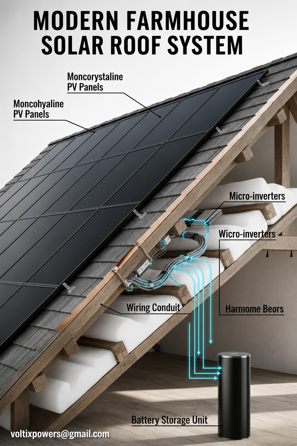 **Alt Text:** A detailed infographic titled **"Modern Farmhouse Solar Roof System"** shows a cutaway view of a sloped farmhouse roof equipped with large black **monocrystalline PV panels**. The illustration reveals the internal roof structure, including **micro-inverters**, **wiring conduit**, insulation, and a **battery storage unit** connected by glowing blue electrical cables. Labels point to the main system components, explaining how power flows from the solar panels to the battery. The design features a clean white background with realistic architectural details, and the contact email **"[voltixpowers@gmail.com](mailto:voltixpowers@gmail.com)"** appears at the **bottom left** in white text.