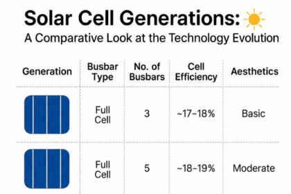 **Alt Text:** An infographic titled **"Solar Cell Generations: A Comparative Look at the Technology Evolution"** compares six generations of solar cells in a table with columns for **Generation, Busbar Type, Number of Busbars, Cell Efficiency,** and **Aesthetics**. The chart shows the progression from **3-busbar Full Cell (17–18% efficiency, Basic)** to **TOPCon/HJT/BC cells with 16–24 busbars (22.5–24.5% efficiency, Futuristic)**. Blue solar cell illustrations appear in the first column for each generation. At the bottom left, the text **"[voltixpowers@gmail.com](mailto:voltixpowers@gmail.com)"** is displayed. The design uses a clean white background with black headings and blue graphics.