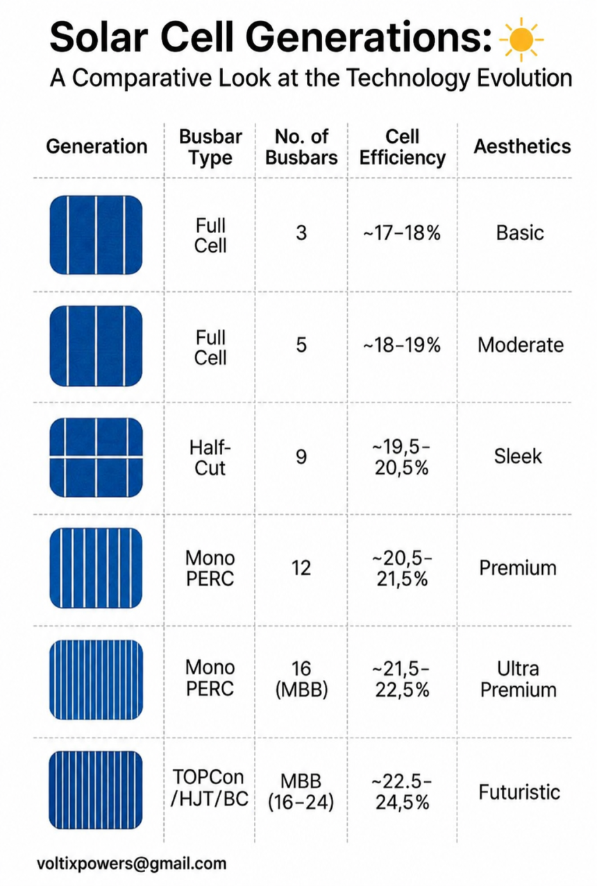 **Alt Text:** An infographic titled **"Solar Cell Generations: A Comparative Look at the Technology Evolution"** compares six generations of solar cells in a table with columns for **Generation, Busbar Type, Number of Busbars, Cell Efficiency,** and **Aesthetics**. The chart shows the progression from **3-busbar Full Cell (17–18% efficiency, Basic)** to **TOPCon/HJT/BC cells with 16–24 busbars (22.5–24.5% efficiency, Futuristic)**. Blue solar cell illustrations appear in the first column for each generation. At the bottom left, the text **"[voltixpowers@gmail.com](mailto:voltixpowers@gmail.com)"** is displayed. The design uses a clean white background with black headings and blue graphics.