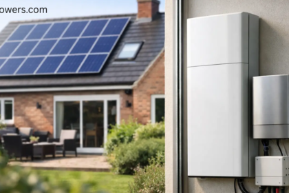 A modern residential home with rooftop solar panels and a wall-mounted home battery energy storage system. The image shows a split view, with the solar-powered house on the left and the sleek white battery storage unit installed beside a window on the right, representing a complete home solar energy solution. The text 'voltixpowers.com' appears in the top-left corner.