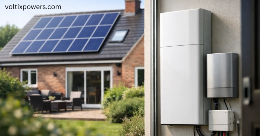 A modern residential home with rooftop solar panels and a wall-mounted home battery energy storage system. The image shows a split view, with the solar-powered house on the left and the sleek white battery storage unit installed beside a window on the right, representing a complete home solar energy solution. The text 'voltixpowers.com' appears in the top-left corner.