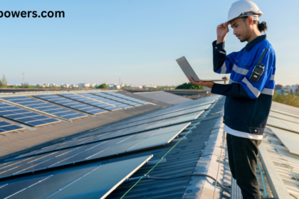 Technician inspecting rooftop solar panels on a large commercial metal roof while using a laptop and wearing a white safety helmet and blue work uniform under a clear blue sky. The image highlights professional solar panel inspection, maintenance, and renewable energy installation. The website name "voltixpowers.com" appears in the top-left corner.