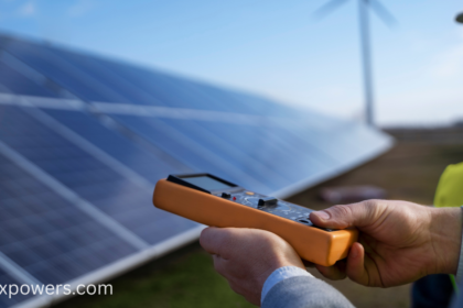 **Alt text:** Solar panel technician inspecting a solar panel with a handheld electrical testing device.