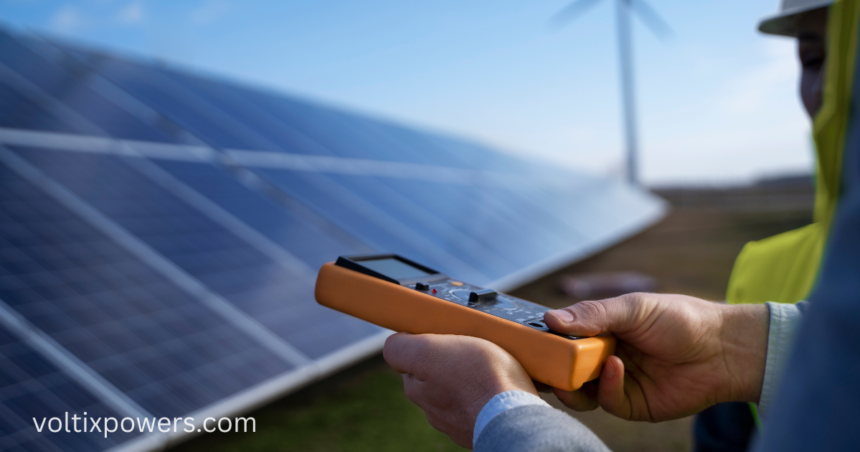 **Alt text:** Solar panel technician inspecting a solar panel with a handheld electrical testing device.